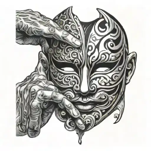 hand touching cheek of mask tattoo design idea
