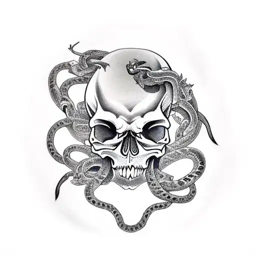 skull with snakes through the eyes tattoo design idea