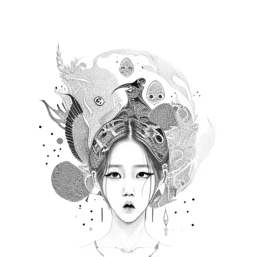 A K-pop inspired painting of a student surrounded by their favorite things tattoo design idea