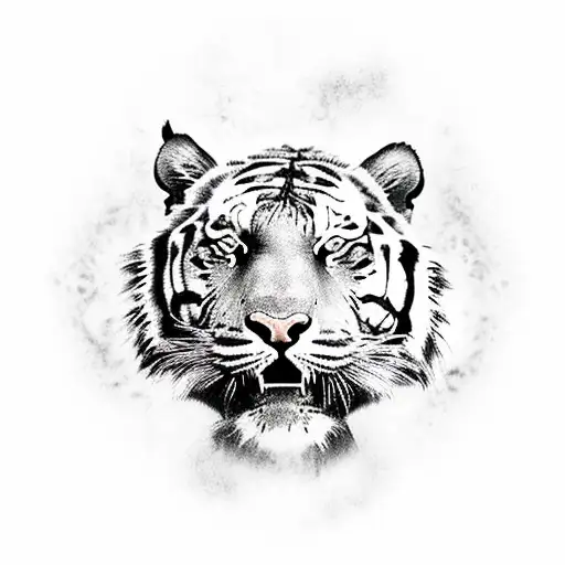 realistic tiger drawn in detail, tears the skin with a paw with claws, the tiger has an evil grin tattoo design idea