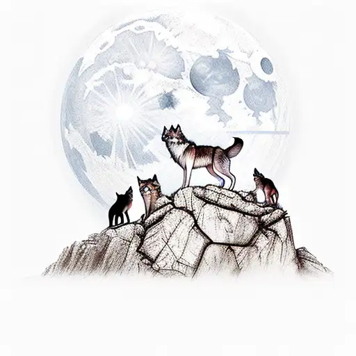 Create an image of three realistic wolves standing on a rugged cliff edge under a full moon, with the quote 'In the quie tattoo design idea