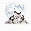 Create an image of three realistic wolves standing on a rugged cliff edge under a full moon, with the quote 'In the quie tattoo design idea