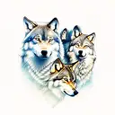 Create an image of three realistic wolves standing on a rugged cliff edge under a full moon, with the quote 'In the quie tattoo design idea