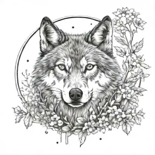 A dreamy design featuring two wolves in a mystical forest setting, with a Native American girl playing a flute amidst a field of wildflowers, all rendered in dotwork to create a mesmerizing and detailed look tattoo design idea