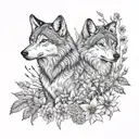 A dreamy design featuring two wolves in a mystical forest setting, with a Native American girl playing a flute amidst a field of wildflowers, all rendered in dotwork to create a mesmerizing and detailed look tattoo design idea