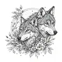 A dreamy design featuring two wolves in a mystical forest setting, with a Native American girl playing a flute amidst a field of wildflowers, all rendered in dotwork to create a mesmerizing and detailed look tattoo design idea
