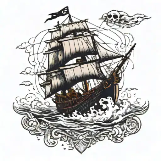 Incorporate a detailed pirate ship sailing on rough seas with a skull and crossbones flag, surrounded by a treasure chest overflowing with gold coins and jewels tattoo design idea