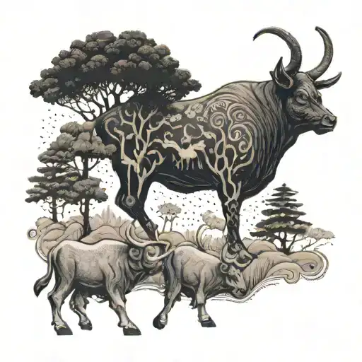 A trail winding through a forest, with the Chinese zodiac ox standing majestically at the end tattoo design idea