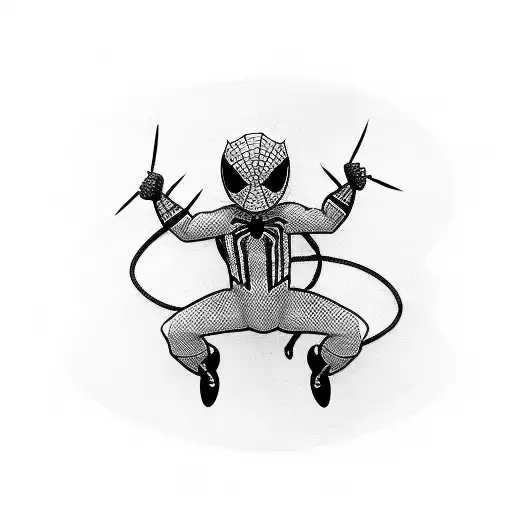 Spider-Man playing a guitar in a blackwork style tattoo design idea