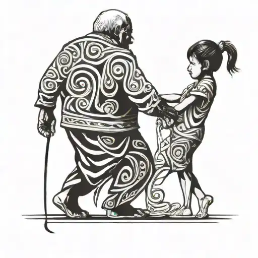 grandfather teaching his granddaughter walking with arms intertwined tattoo design idea