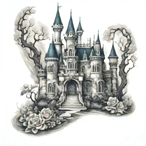horror disney princess castle tattoo design idea