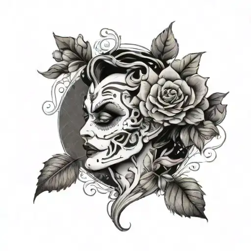 A hauntingly beautiful tattoo of a Disney villain surrounded by dark flowers and eerie woods tattoo design idea