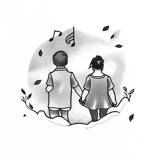A boy and girl holding hands and listening to music with berries, leaves and chocolate bar tattoo design idea