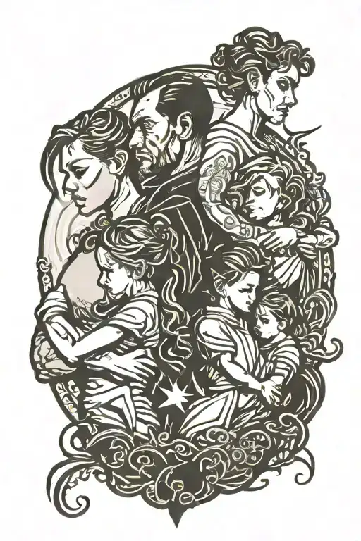 win from prison and court. silhouette Father,son and two daughters. i fight and give all my power for my kids tattoo design idea