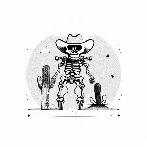 skeleton cowboy full body in desert with a cactus tattoo design idea