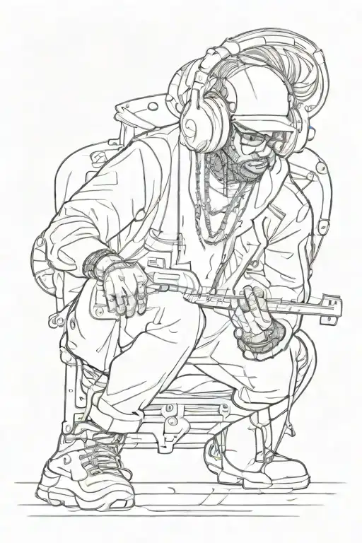 music, sketchy outline drawing style, hip hop, 808, tattoo design idea