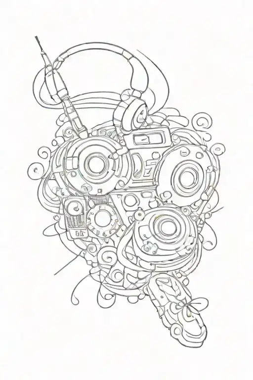 music, sketchy outline drawing style, hip hop, 808, no people tattoo design idea