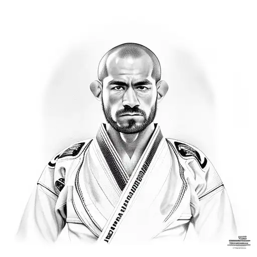 A realistic portrait of a lawyer in a jiu-jitsu gi, flexing their muscles tattoo design idea