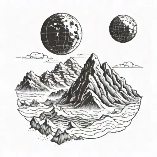A detailed blackwork tattoo of a mountain range with a starship flying overhead, symbolizing your love for both nature and space exploration tattoo design idea