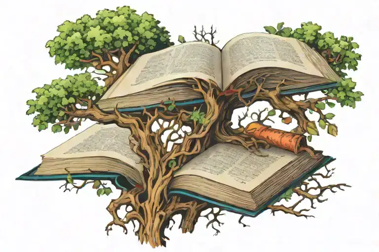 book and tree of knowledge tattoo design idea