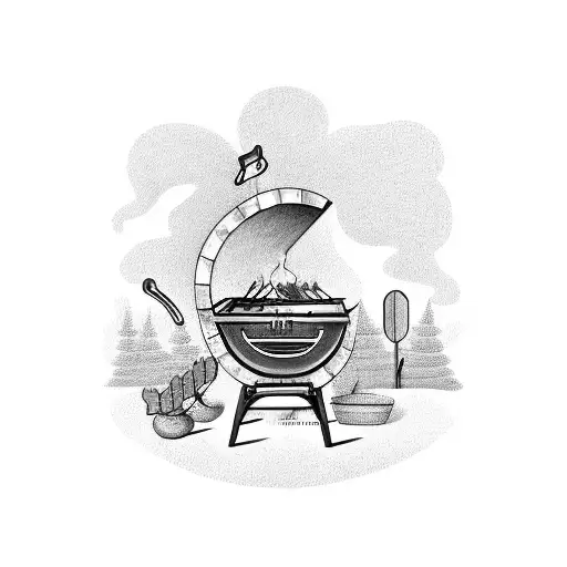 A comedic scene of a bbq grill riding a motorcycle through the woods, with smoke forming the shape of musical instruments tattoo design idea