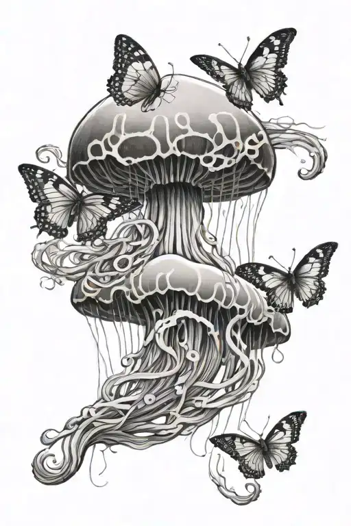 A flowy jellyfish with 4 tentacles with 1 butterfly above the head of the jellyfish, 2 butterflies poking out from the j tattoo design idea
