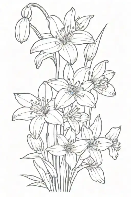 a bouquet of flowers with a Lilly, poppy, cosmos, a snowdrop, and a daffodil all drawn in one line tattoo design idea