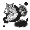 generate a yin and yang tattoo, using a wolf and a tiger in black-and-white tattoo design idea