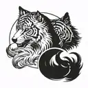 generate a yin and yang tattoo, using a wolf and a tiger in black-and-white tattoo design idea