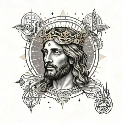 A tattoo of Jesus with a crown of sun rays, surrounded by Egyptian symbols and constellations tattoo design idea
