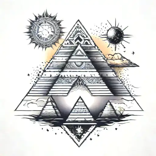A tattoo of 3 pyramids in front of a sunset with a crown of sun rays, surrounded by Egyptian symbols and constellations tattoo design idea
