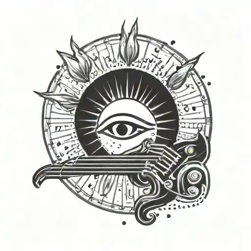 Music notes forming the shape of the sun rays behind a historical figure from ancient Egypt tattoo design idea