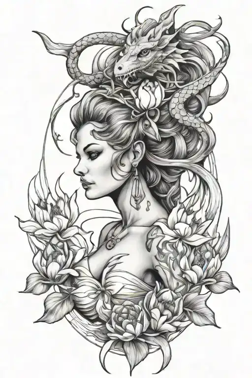 half sleeve featuring tulips, a pine tree, a european dragon, the goddess aphrodite, and the alien from the nemesis ride tattoo design idea
