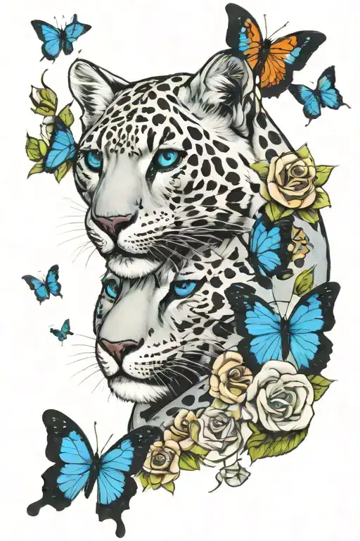 blue-eyed snow leopard surrounded by blue butterflies and roses tattoo design idea