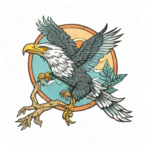 bald eagle soaring above mountain range with a red panda eating bamboo above a jungle with a blue poison dart frog  tattoo design idea