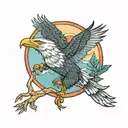 bald eagle soaring above mountain range with a red panda eating bamboo above a jungle with a blue poison dart frog  tattoo design idea