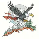 bald eagle soaring above mountain range with a red panda eating bamboo above a jungle with a blue poison dart frog  tattoo design idea