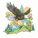 bald eagle soaring above mountain range with a red panda eating bamboo above a jungle with a blue poison dart frog  tattoo design idea