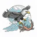 bald eagle soaring above mountain range with a red panda eating bamboo above a jungle with a blue poison dart frog  tattoo design idea