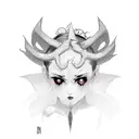 Demon girl, black and white, looking down, ear piercings, short hair bun, 2 dots in forehead, pointy ears, blood, choker tattoo design idea