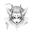 Demon girl, black and white, looking down, ear piercings, short hair bun, 2 dots in forehead, pointy ears, blood, choker tattoo design idea