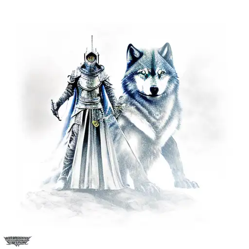 Artorias of the Abyss standing behind Sif the Wolf from the dark souls series, the background should be abyssal black.  tattoo design idea