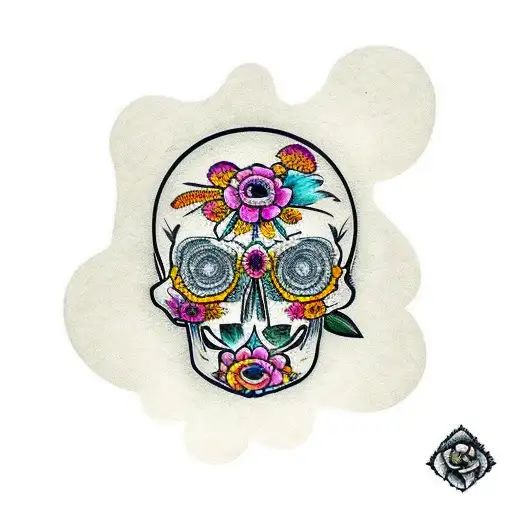 calavera skull with marigold flowers, diamond eyes and colorful details tattoo design idea