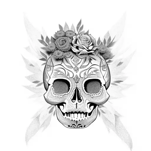 calavera skull with marigold flowers, diamond eyes and colorful details tattoo design idea