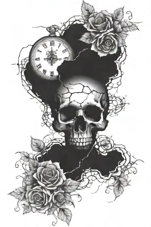 I want a skull with cracks in it, around the skull I want dying roses, and beside the skull I want a broken clock that tattoo design idea