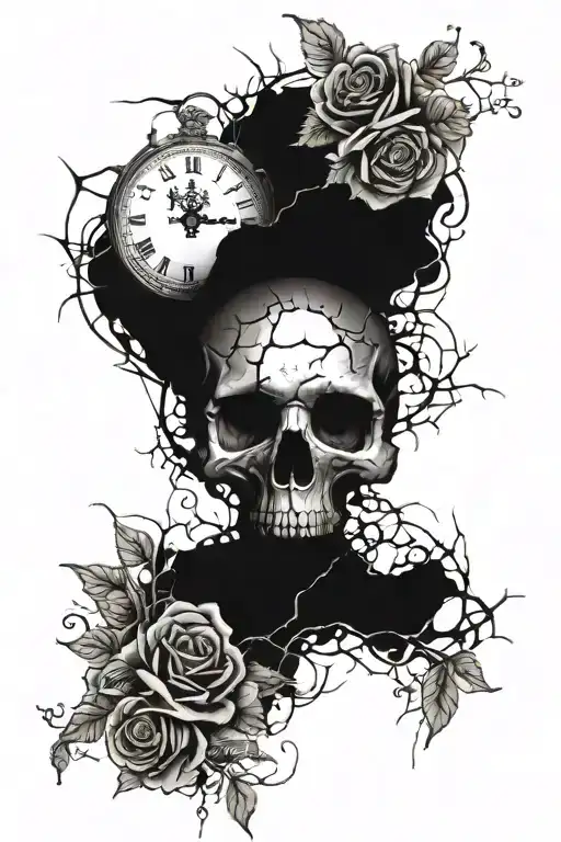 I want a skull with cracks in it, around the skull I want dying roses, and beside the skull I want a broken clock that tattoo design idea