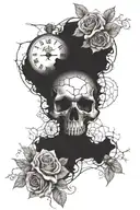 I want a skull with cracks in it, around the skull I want dying roses, and beside the skull I want a broken clock that tattoo design idea