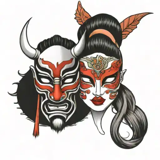 Half geisha face and half ONI masks, split symmetrically with a front face. In American traditional style  tattoo design idea