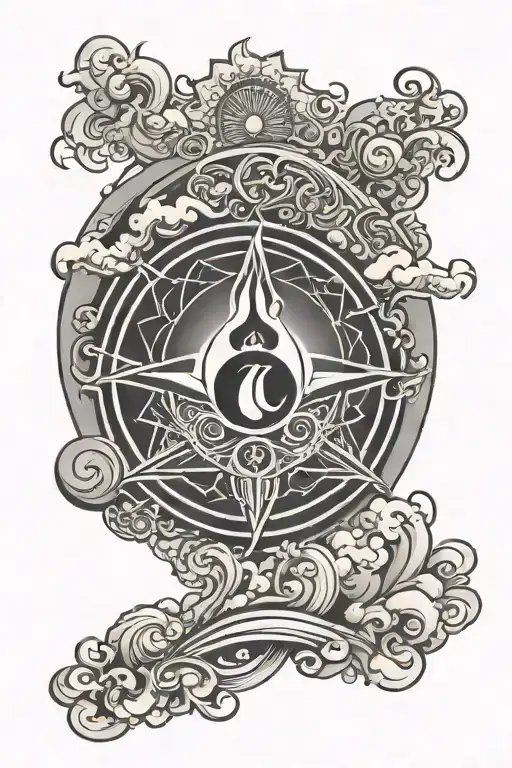 triskel symbol above the sun rising with smoke fog tattoo design idea