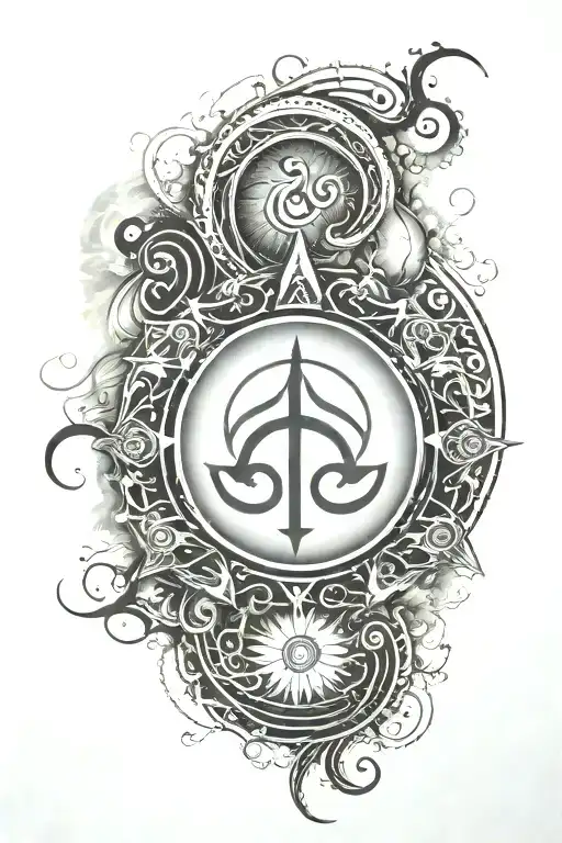 triskel symbol above a half sun rising, linked by  smoke fog tattoo design idea